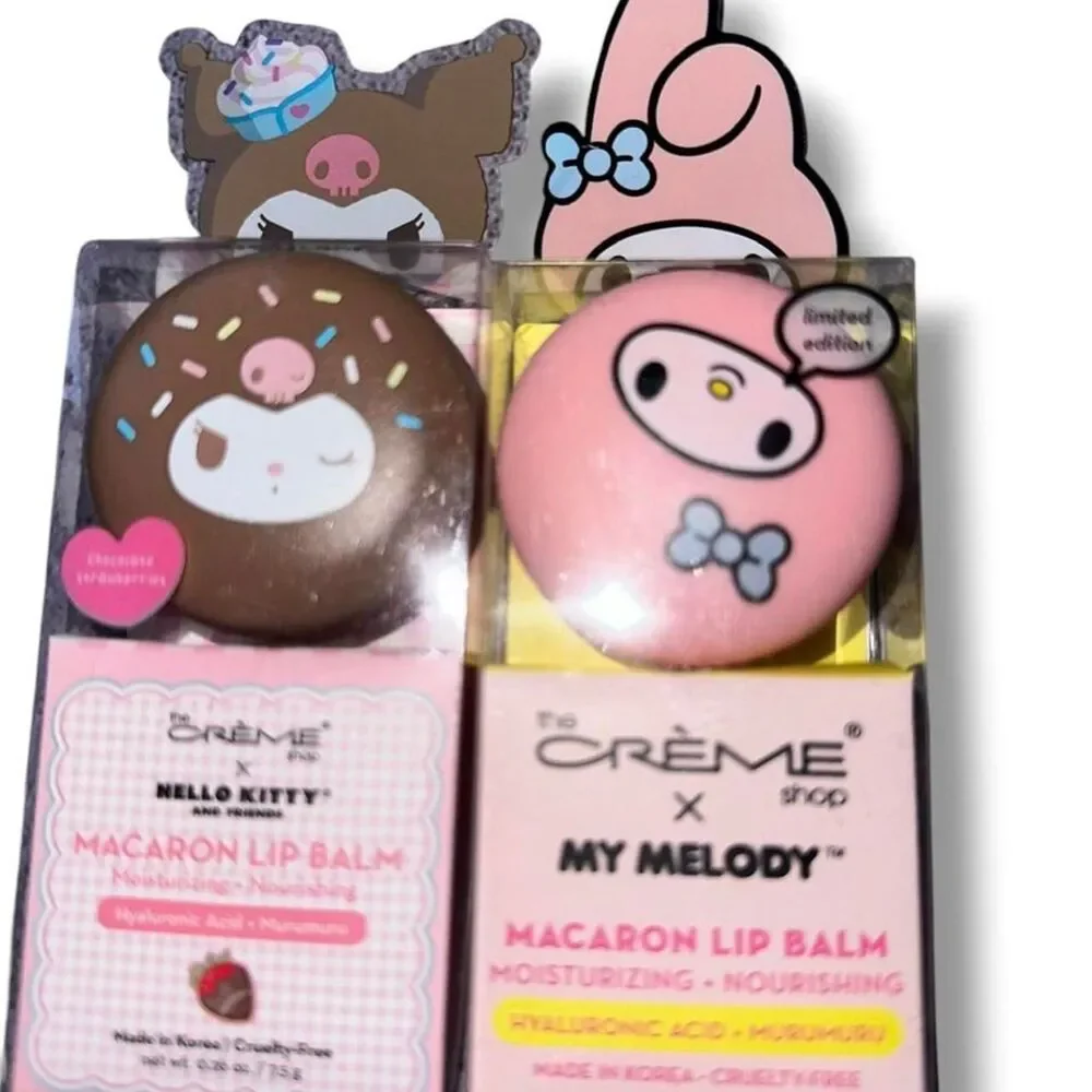 The Crème Shop My Melody and Kuromi macaron lip balms in a 2-piece set